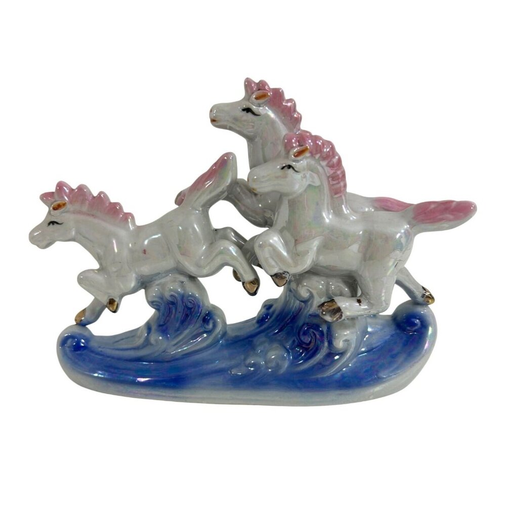 3 Horses Running on Waves Figurine Vtg Ceramic Glazed White Pink Blue Statue
